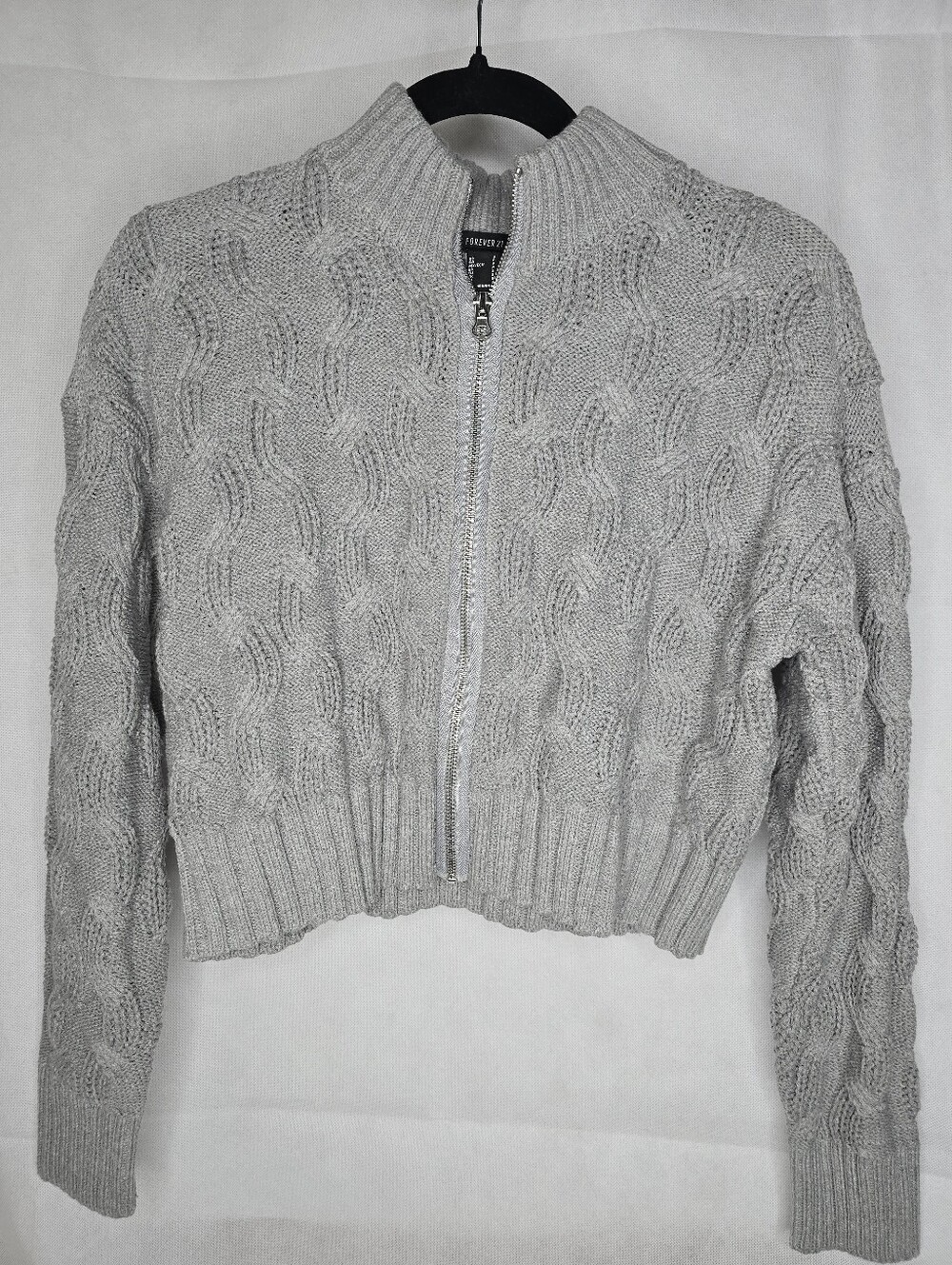 Forever 21 Cropped Cardigan Gray Cable Knit Zip Front Mock Neck Sweater S